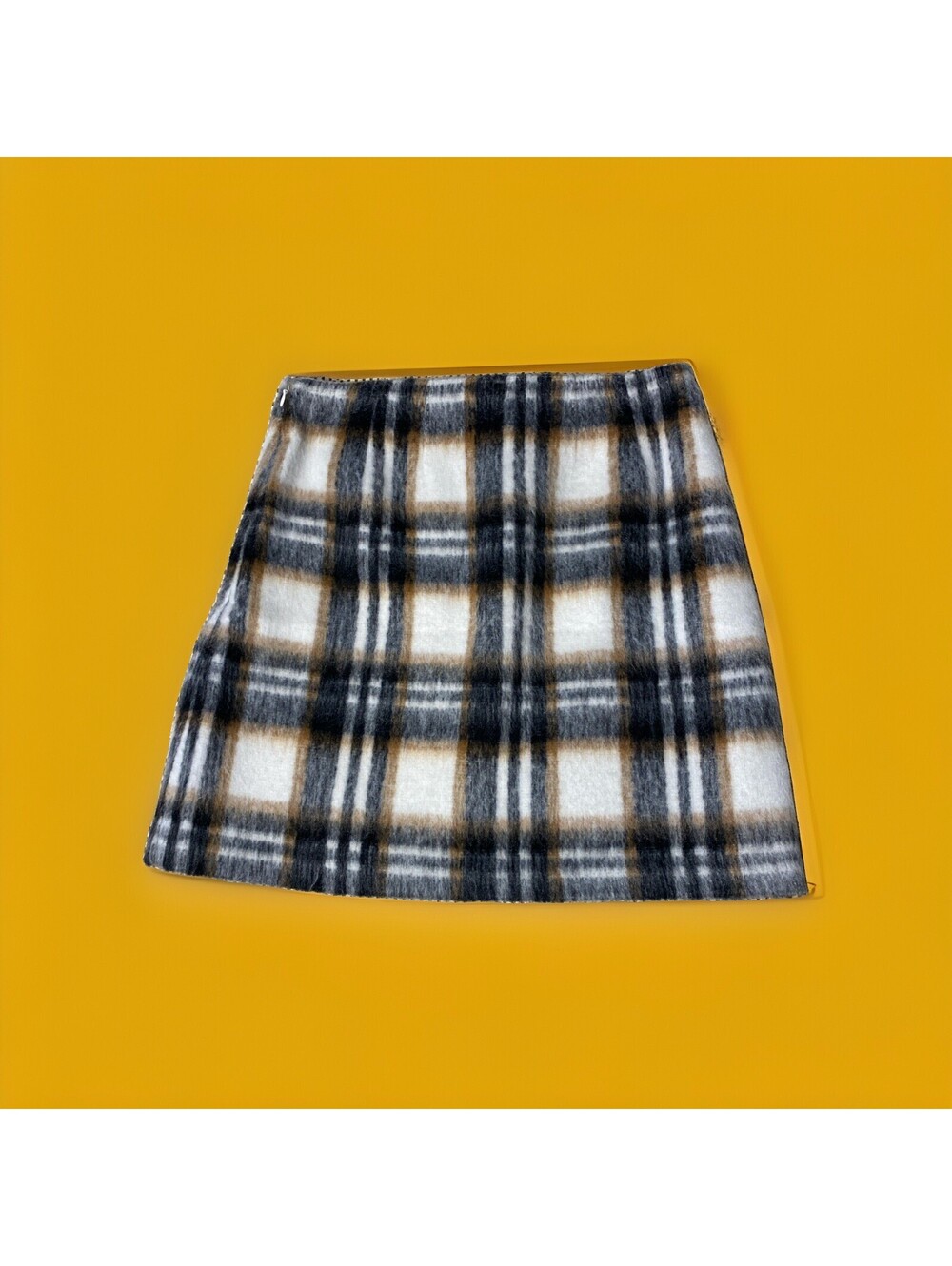 Loft Women's Faux Fur Plaid Mini Skirt Academia Black White Brown Lined - Size 6